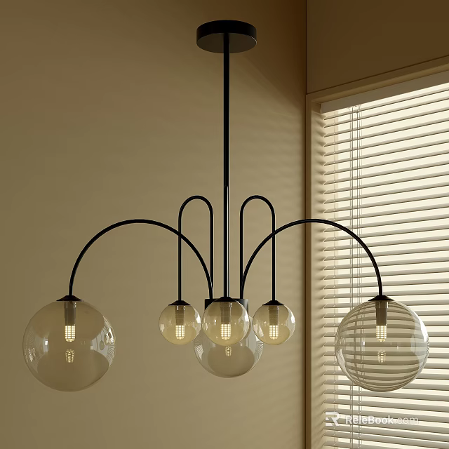 Modern Chandelier With Black Metal Frame And Glass Globe Lights In Interior Room 3d model 