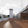 Roof Terrace With Wooden Flooring White Low Walls Green Plants And Glass Awning