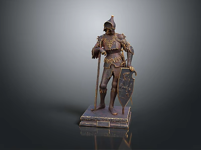 Decorative Knight Statue with Bronze Armor Holding Spear Shield on Square Base Home Decor 3d model