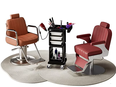 Brown And Red Barber Shop Chairs With Wheeled Tool Cart And Hair Tools 3d model