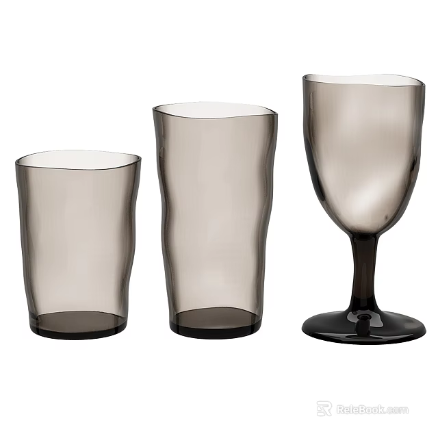 Set of Three Smoky Gray Glass Cups with Various Shapes for Home Decor and Use 3d model 