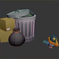 Cartoon Crow Near Trash Can With Yellow Cardboard Boxes And Black Garbage Bag