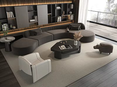 Modern Living Room With L Shaped Sofa Coffee Table Set White Armchair And Bookshelves 3d model
