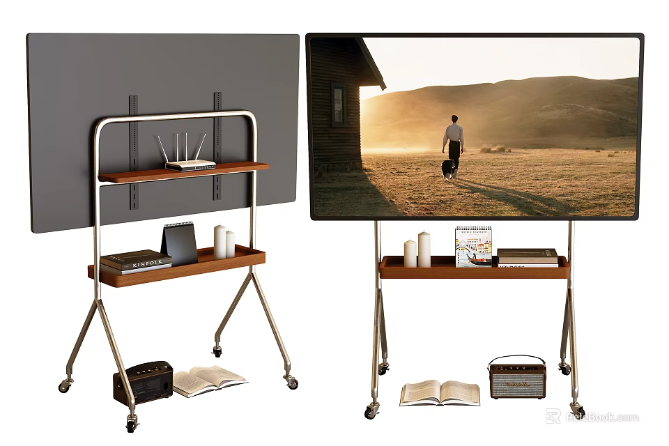 Large Screen TV Displaying Outdoor Scene With Metal Stand Shelf And Items 3d model 