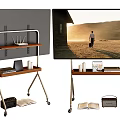 Large Screen TV Displaying Outdoor Scene With Metal Stand Shelf And Items