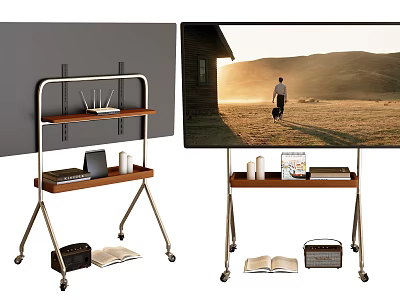 Large Screen TV Displaying Outdoor Scene With Metal Stand Shelf And Items 3d model