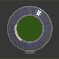 Circular Modern Stadium Architecture With Blue Glass Roof Green Field And Seating Tiers