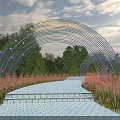 Modern Curved Pergola With Star Lighting And Brick Path In Garden Landscape