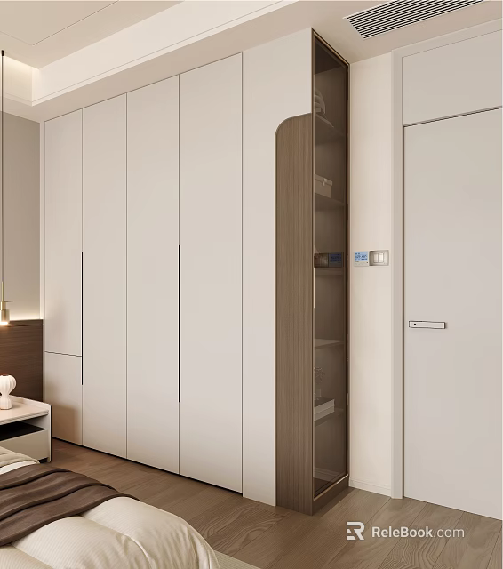 Modern Sleek Wardrobe Interior With White Sliding Doors And Open Storage Shelves 3d model 