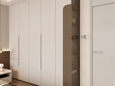 Modern Sleek Wardrobe Interior With White Sliding Doors And Open Storage Shelves 3d model
