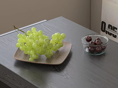 Green Grapes on Wooden Plate and Dark Cherries in Glass Bowl on Gray Table 3d model