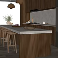 Modern Kitchen Interior With Wooden Cabinets Light Colored Countertop Island Counter Pendant Lights And Bowls