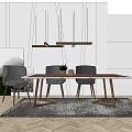 Rectangular Wooden Dining Table Set with Three Grey Chairs Pendant Lights and Landscape Painting 3d model
