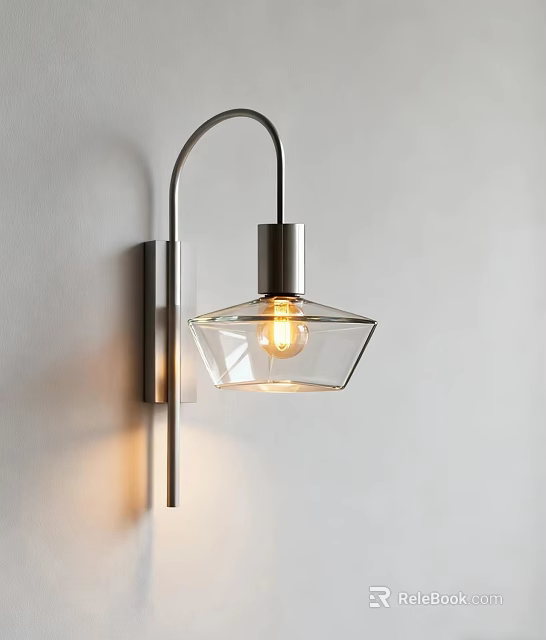 Modern Wall Sconce With Curved Metal Arm And Transparent Glass Shade On White Wall 3d model 