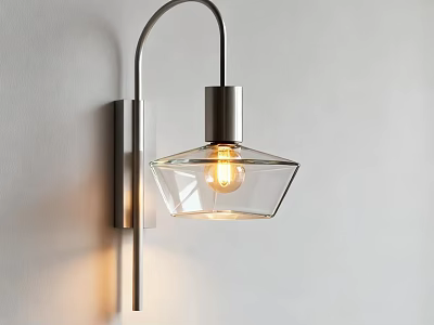 Modern Wall Sconce With Curved Metal Arm And Transparent Glass Shade On White Wall 3d model