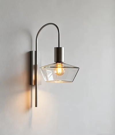 Modern Wall Sconce With Curved Metal Arm And Transparent Glass Shade On White Wall 3d model