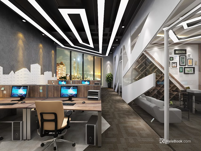 Modern Public Office Space With Workstations Computers Geometric Ceiling Lights And City View 3d model