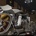 Pirate Themed Bar Interior With Mural Decorations Flag Banners And People Enjoying Drinks