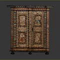 Traditional Painted Wooden Cabinet With Double Doors And Intricate Decorative Figural Motifs