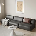 Gray Leather Three Seater Sofa With Brown Cushion White Throw Blanket In Modern Living Room