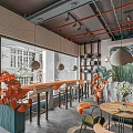 Modern Café Interior Featuring Green Plants Pendant Lights And Comfortable Seats Tables
