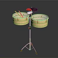Professional Golden Double Drums Set On Silver Stand With Transparent Heads And Wooden Drumsticks