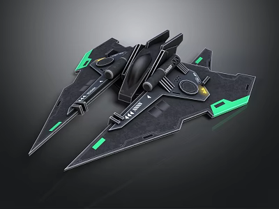 Futuristic Black Sci fi Spaceship Model With Green Glowing Accents And Sharp Mechanical Edges 3d model