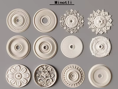 Stylish White Ceiling Medallions With Assorted Decorative Patterns Including Floral And Geometric Designs 3d model