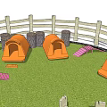 Outdoor Circular Fenced Area With Orange Tents Blue Playhouse And Tree Stumps