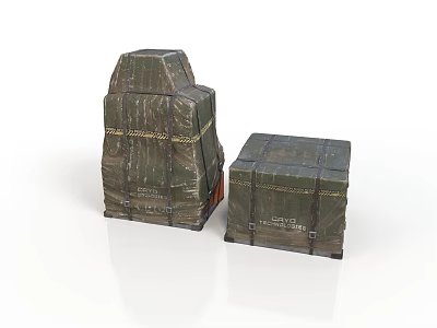 Military Style Cargo Boxes Wrapped In Green Fabric And Strapped With Ropes 3d model