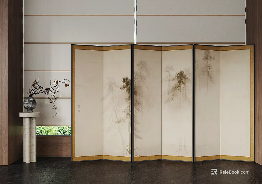 Traditional Ink Painting Room Divider with Wooden Frame and Decorative Vase in Modern Interior Space 3d model 