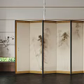 Traditional Ink Painting Room Divider with Wooden Frame and Decorative Vase in Modern Interior Space