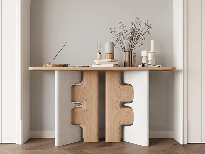 Modern Console Table with Wooden and White Structure and Decorative Dried Flowers Books Candles 3d model