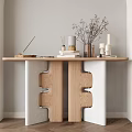 Modern Console Table with Wooden and White Structure and Decorative Dried Flowers Books Candles