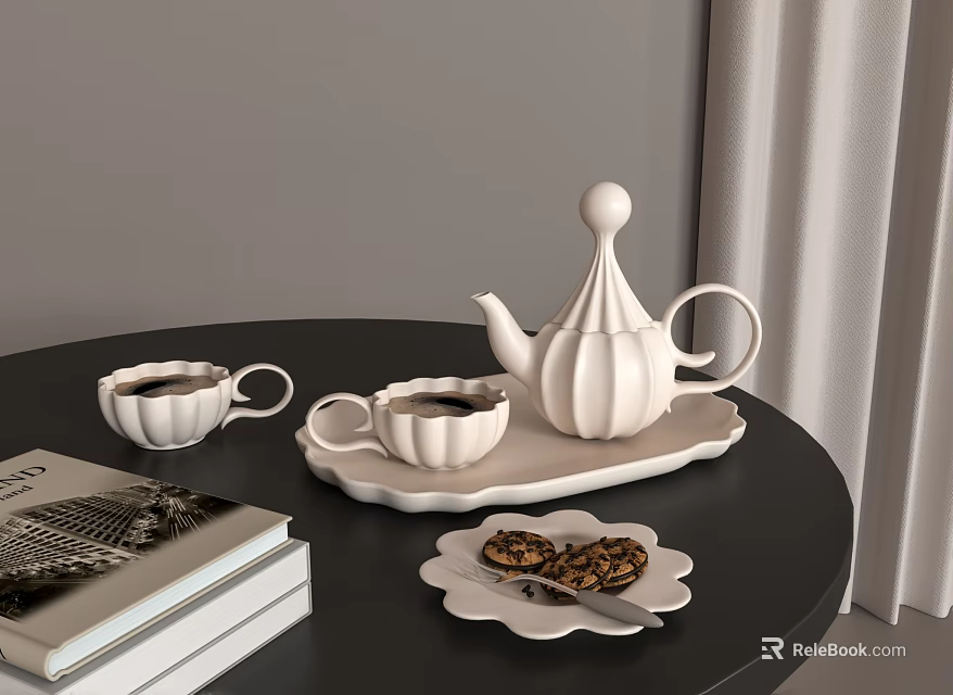 White Ceramic Tea Set With Teapot Cups Tray Cookies And Books On Black Round Table 3d model 