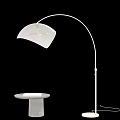 Modern Golden Arched Floor Lamp With White Lampshade And Black Side Table In Interior