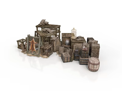 Rustic Medieval Architectural Cottage Structures With Wooden Barrels Crates And Frames 3d model