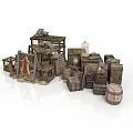 Rustic Medieval Architectural Cottage Structures With Wooden Barrels Crates And Frames 3d model