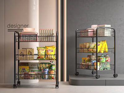 Metal Rolling Storage Shelving Units With Food Groceries And Supplies On Wheels 3d model