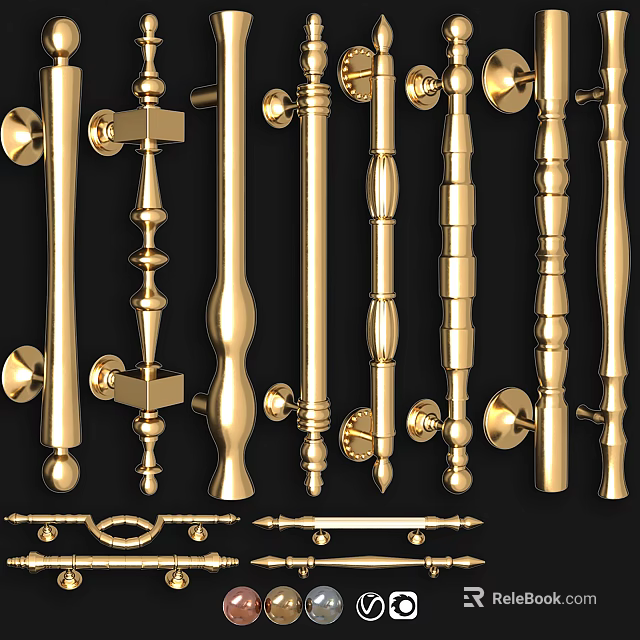 Collection of Golden Door Handles with Various Decorative Designs and Shapes 3d model 