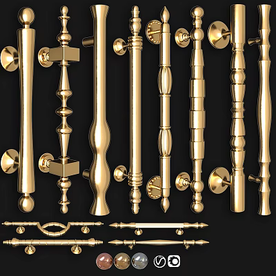Collection of Golden Door Handles with Various Decorative Designs and Shapes 3d model