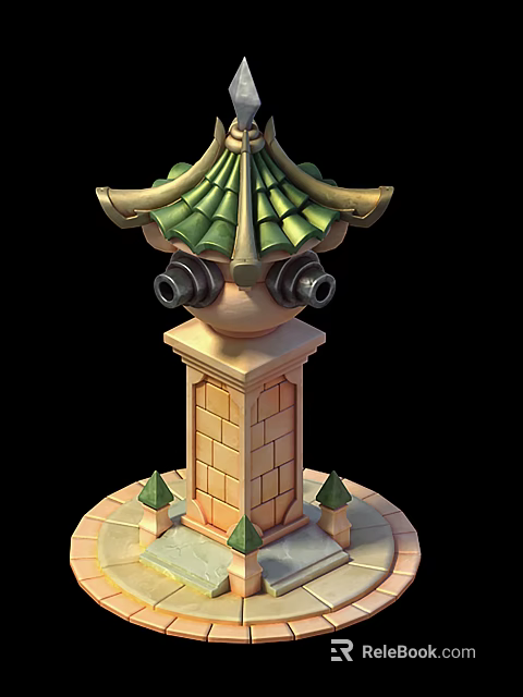 Weapon Tower Like Structure With Green Tiled Roof Brick Stone Base And Cannon Like Tubes 3d model 