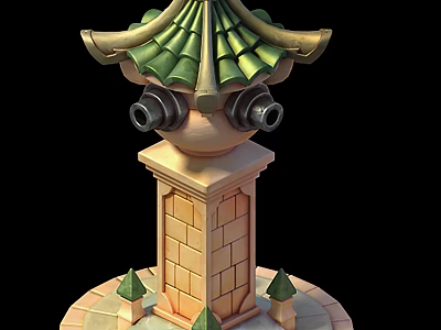 Weapon Tower Like Structure With Green Tiled Roof Brick Stone Base And Cannon Like Tubes 3d model