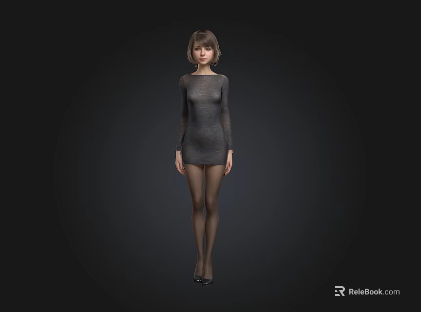 Woman In Fitted Gray Dress With Black Stockings And Black High Heels On Black Background 3d model 