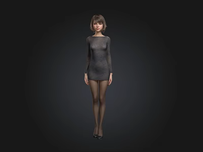 Woman In Fitted Gray Dress With Black Stockings And Black High Heels On Black Background 3d model