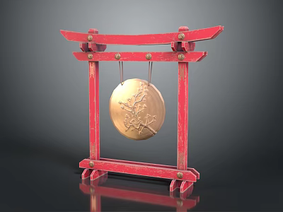 Golden Chinese Gong With Red Wooden Frame And Hand Painted Floral Art Pattern 3d model