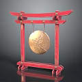 Golden Chinese Gong With Red Wooden Frame And Hand Painted Floral Art Pattern