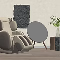 Massage Chair In Modern Interior With Decorative Painting Round Mirror And Green Plant