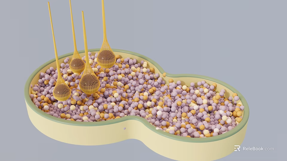 Decorative Light Green Container Filled With Purple Yellow Pellets And Golden Mesh Objects 3d model