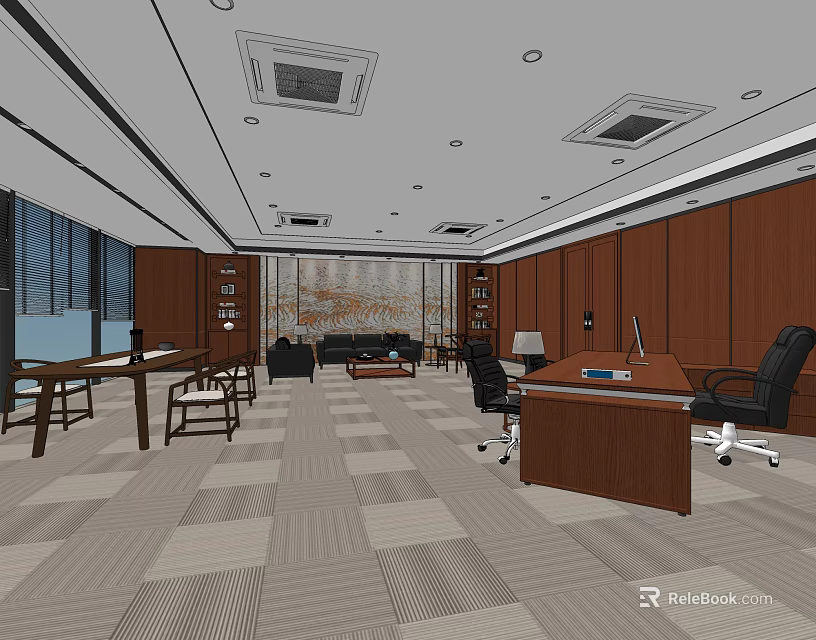 Modern Office Interior Design With Wooden Walls Large Windows Desk Sofa And Carpet 3d model 